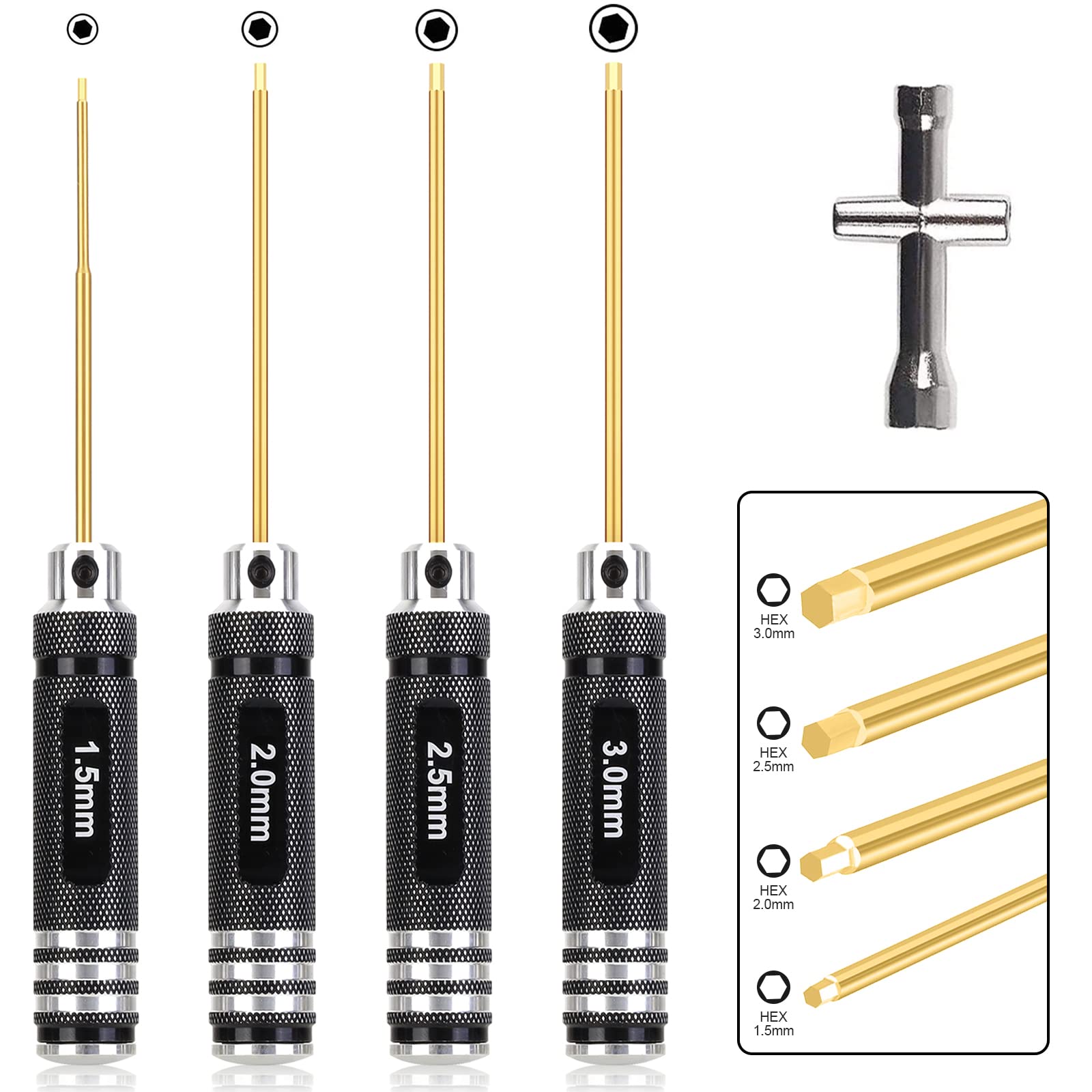 Gruiqrd Hex Driver Set, 4PCS RC Tools Kit Hexagon Allen Screwdriver Set with Cross Wrenches Sleeve for RC Car Boat Drone Multi-Axis Helicopter RC Models (1.5mm 2.0mm 2.5mm 3.0mm)