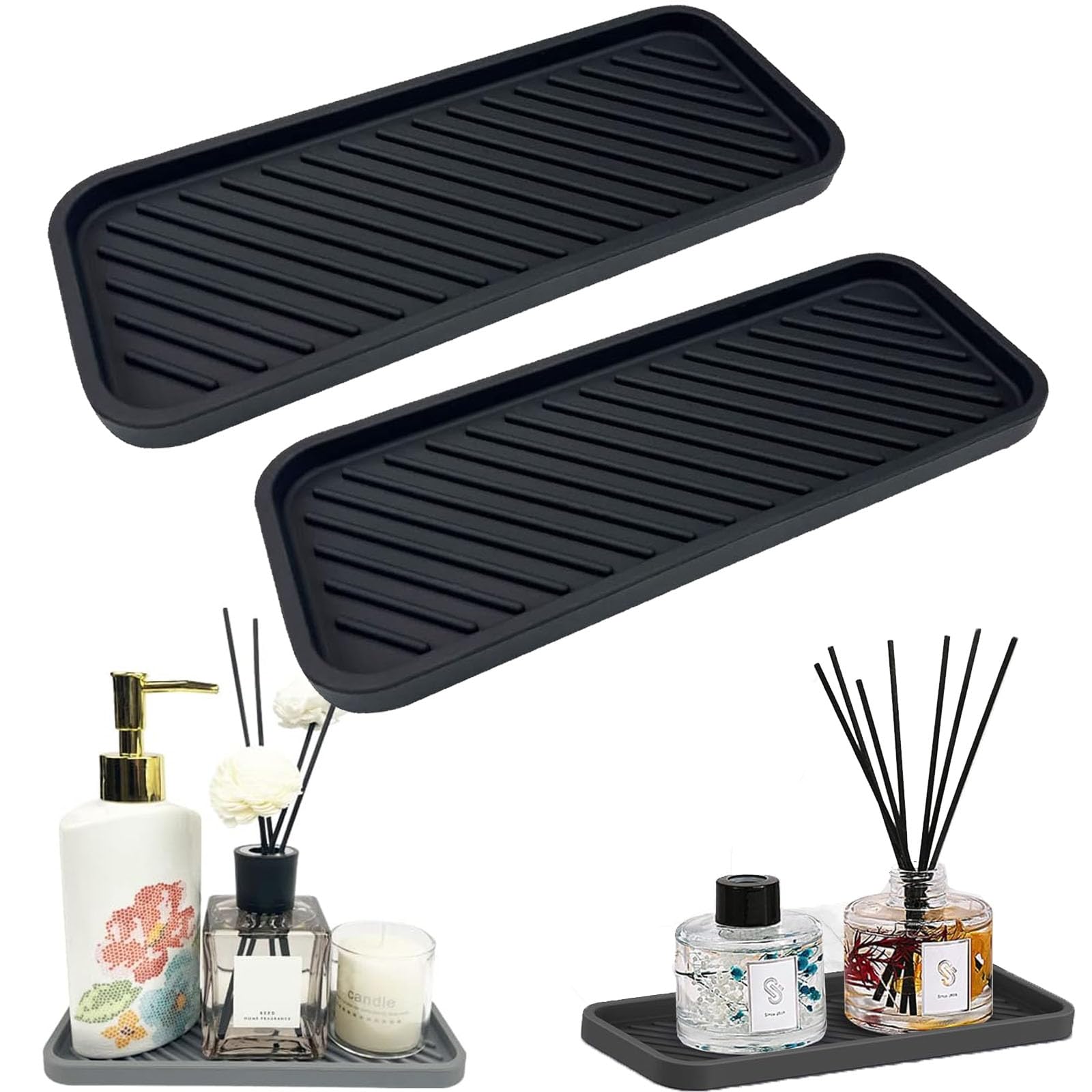2 Pcs Silicone Tray, Sink Mat, Kitchen Sink Tray, Silicone Kitchen Drying Mat for Kitchen, Bathroom, Counter (Black)