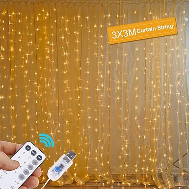 SanGlory 300 LED Lichterkette Warmweiß Fernbedienung 3M*3M IP65 Wasserfest LED Lichtervorhang Lichterkettenvorhang USB 8 Modi