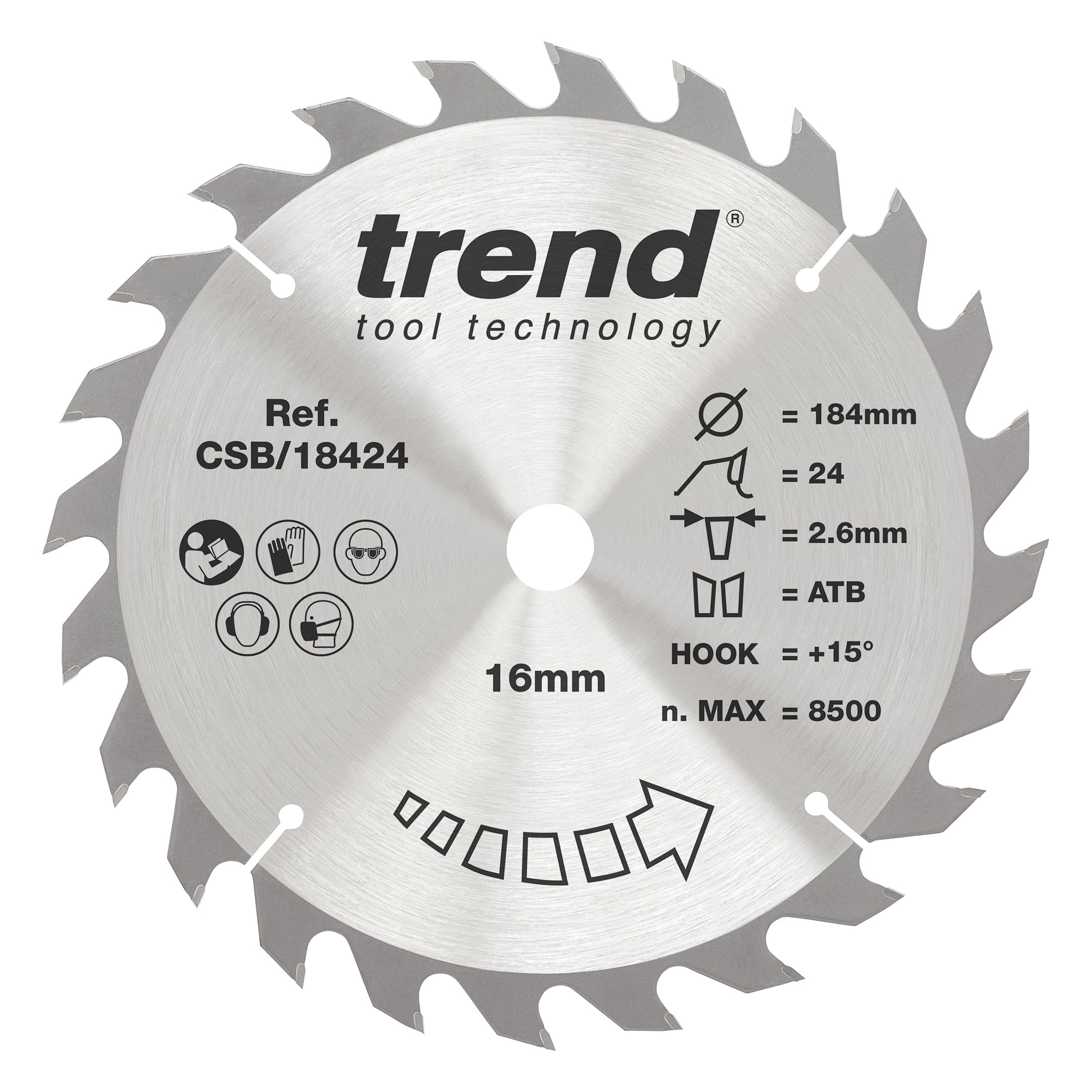Trend Wood Circular Saw Blade, 184mm Diameter, 16mm Bore, 24 Teeth, 2.6mm Kerf, +15° Hook, TCT, Medium Finish, CSB/18424