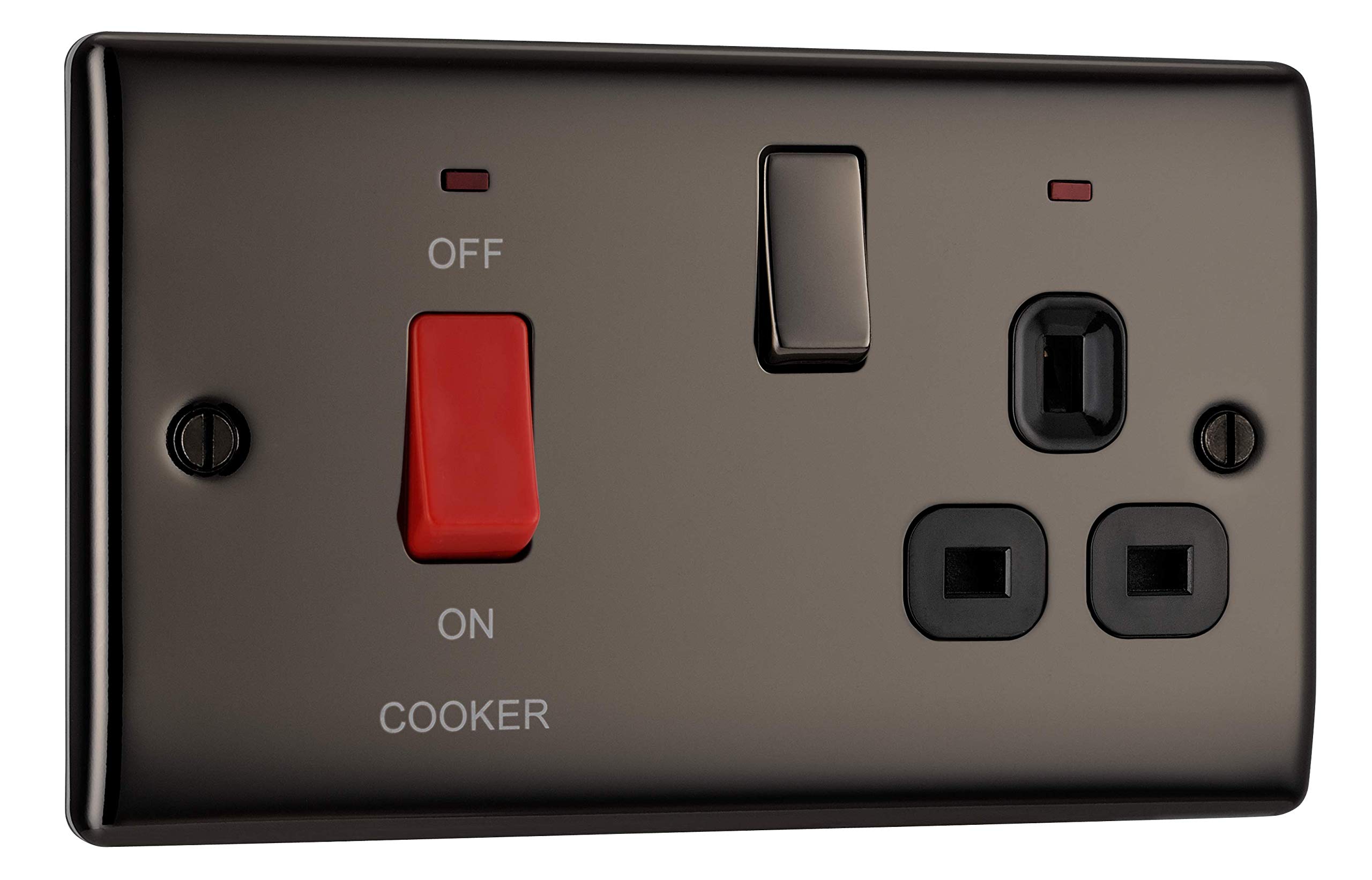 BG Electrical Cooker Switch with Socket and LED, Cooker Control Unit, Control Socket, Double Pole, Raised Profile, Round Edges, Nexus Metal, Black Nickel, 45A, NBN70B