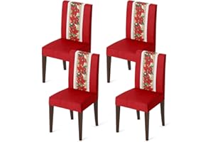 Horaldaily 4PCS Christmas Dining Chair Covers,Watercolor Red Poinsettia Stretch Removable Washable Slipcover Chair Protector for Dining Room Home Decor