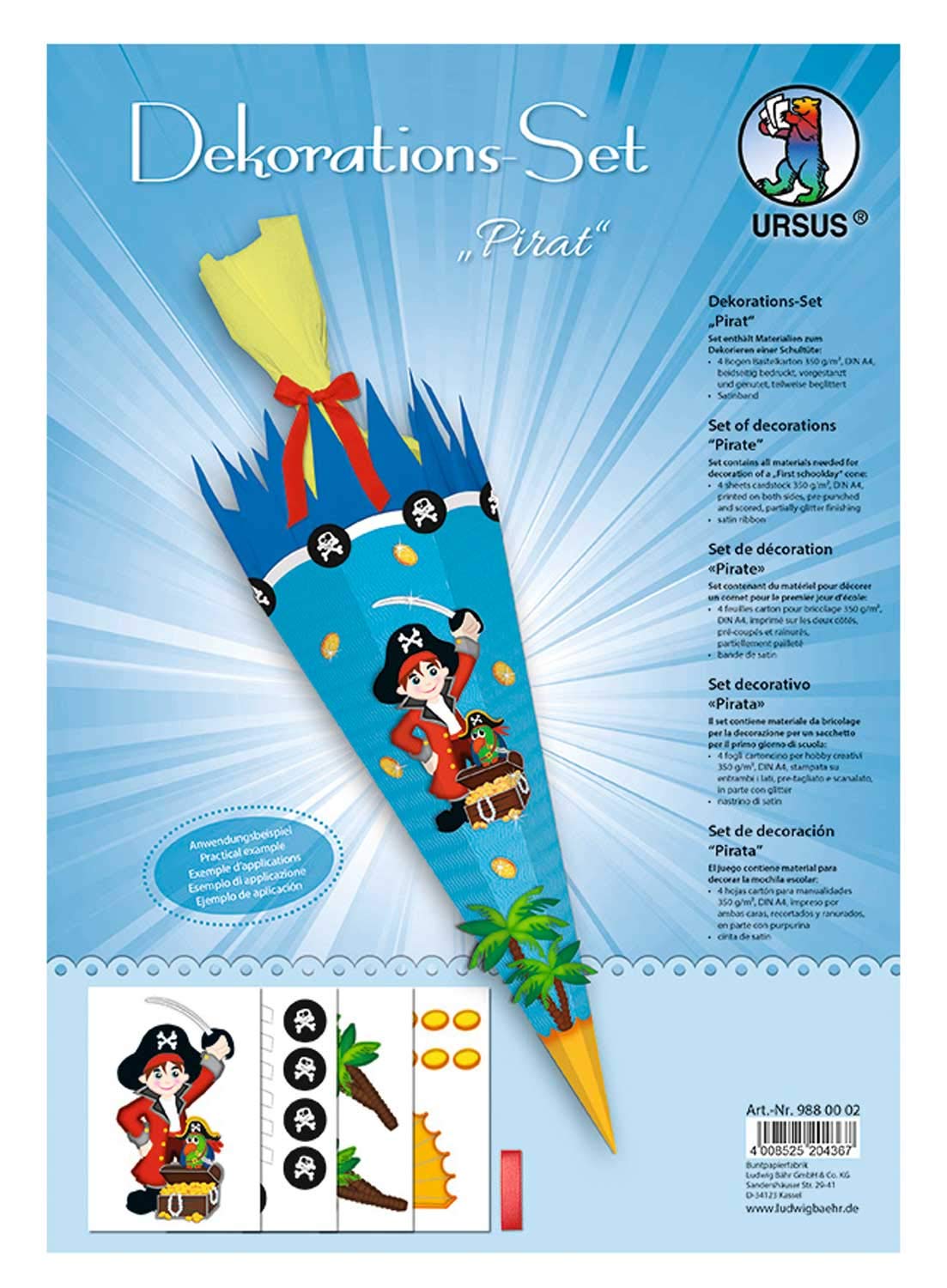 Ursus 9880002 Decorative Set Pirate 4 Sheets of Craft Cardboard DIN A4 Printed on Both Sides Pre-Cut Grooved for Decorating a School Cone Partially Finished with Satin Ribbon Multi-Coloured