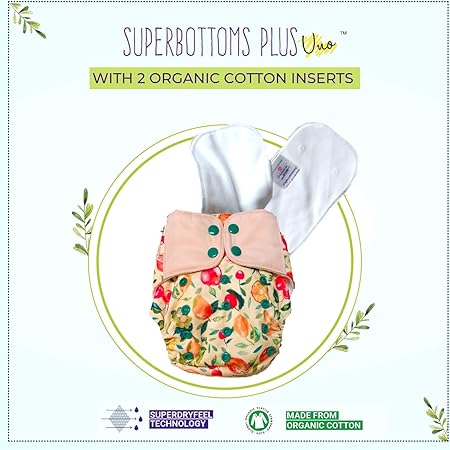 Superbottoms Plus UNO Reusable Cloth Diaper with 2 Organic Cotton Inserts (One Dry-Feel Insert and One Booster) [Day & Night Use] (for Babies-5 KG- 17 KG) (Fruit Burst)