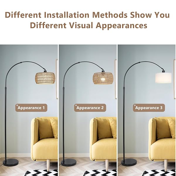 ARC FLOOR LAMPS FOR LIVING ROOM WITH 3 COLOR TEMPERATURES, BLACK STANDING LAMP WITH REMOTE & DIMMABLE LED BULB, RATTAN BOHO FLOOR LAMP, FARMHOUSE TALL LAMP FOR BEDROOM, OVER COUCH ARCHED READING LIGHT