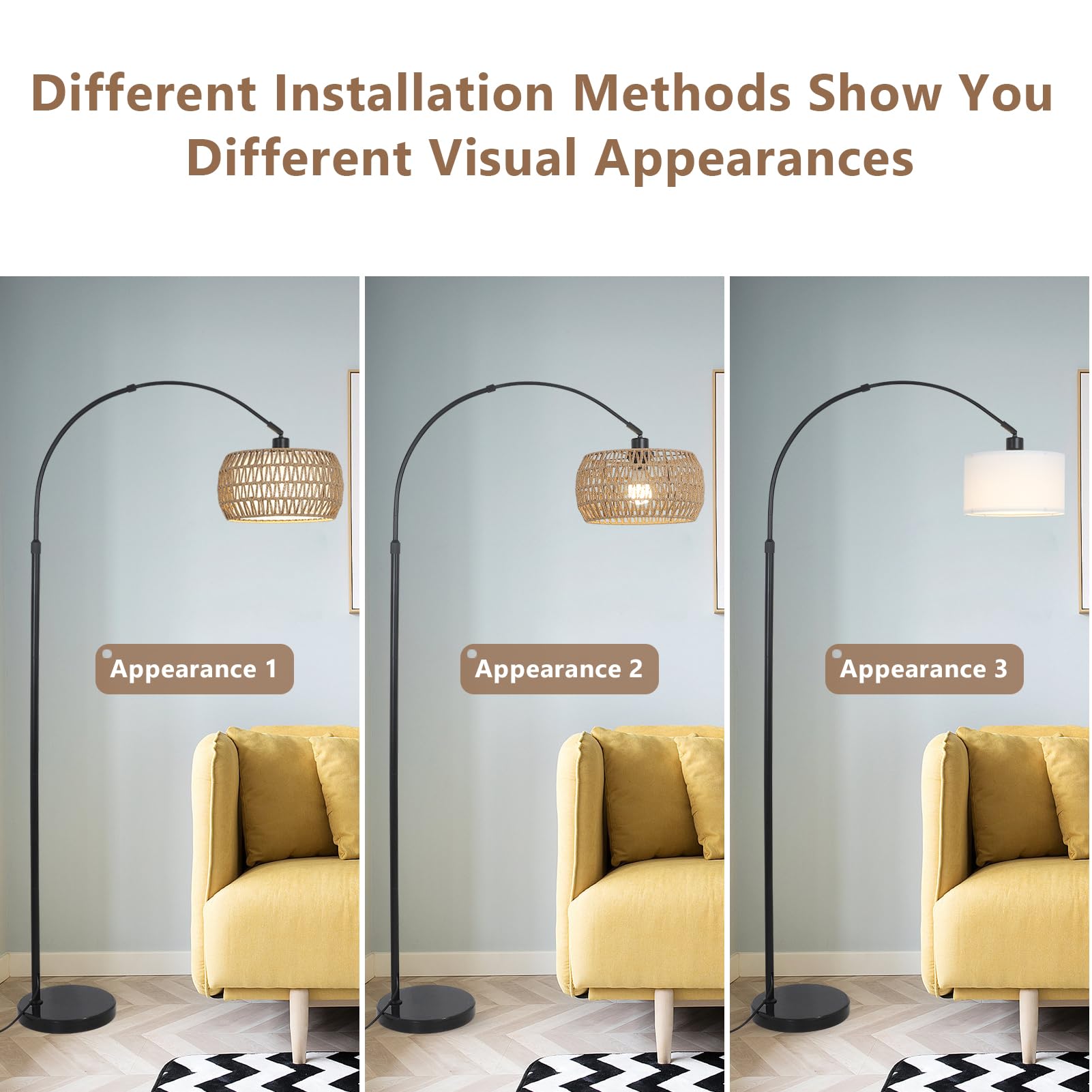 Arc Floor Lamps for Living Room with 3 Color Temperatures, Black Standing Lamp with Remote & Dimmable LED Bulb, Rattan Boho Floor Lamp, Farmhouse Tall Lamp for Bedroom, Over Couch Arched Reading Light
