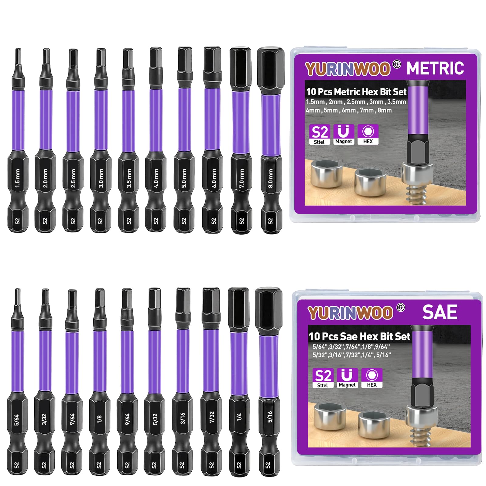 20 Stück Sechskant Bit Set (Metrisch & Kaiserlich),S2 Stahl Magnetische, Magnetische CNC-Spitzen, Hex Sechskant Schraubendreher 50mm Lang, 1/4" Hex Bits Set für Akkuschrauber mit Aufbewahrungsbox