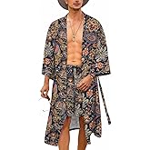 COOFANDY Men Lightweight 2 Piece Kimono Robe with Shorts Japanese Robes Casual Open Front Long Cardigan With Belt