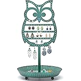 NIKKY HOME Earring Holder Stand Hanging Organizer Metal Jewelry Tree Cute Owl Ear Stud Holder Table Top Tower Rack with Ring Tray for Women Girls (134 Holes), Teal