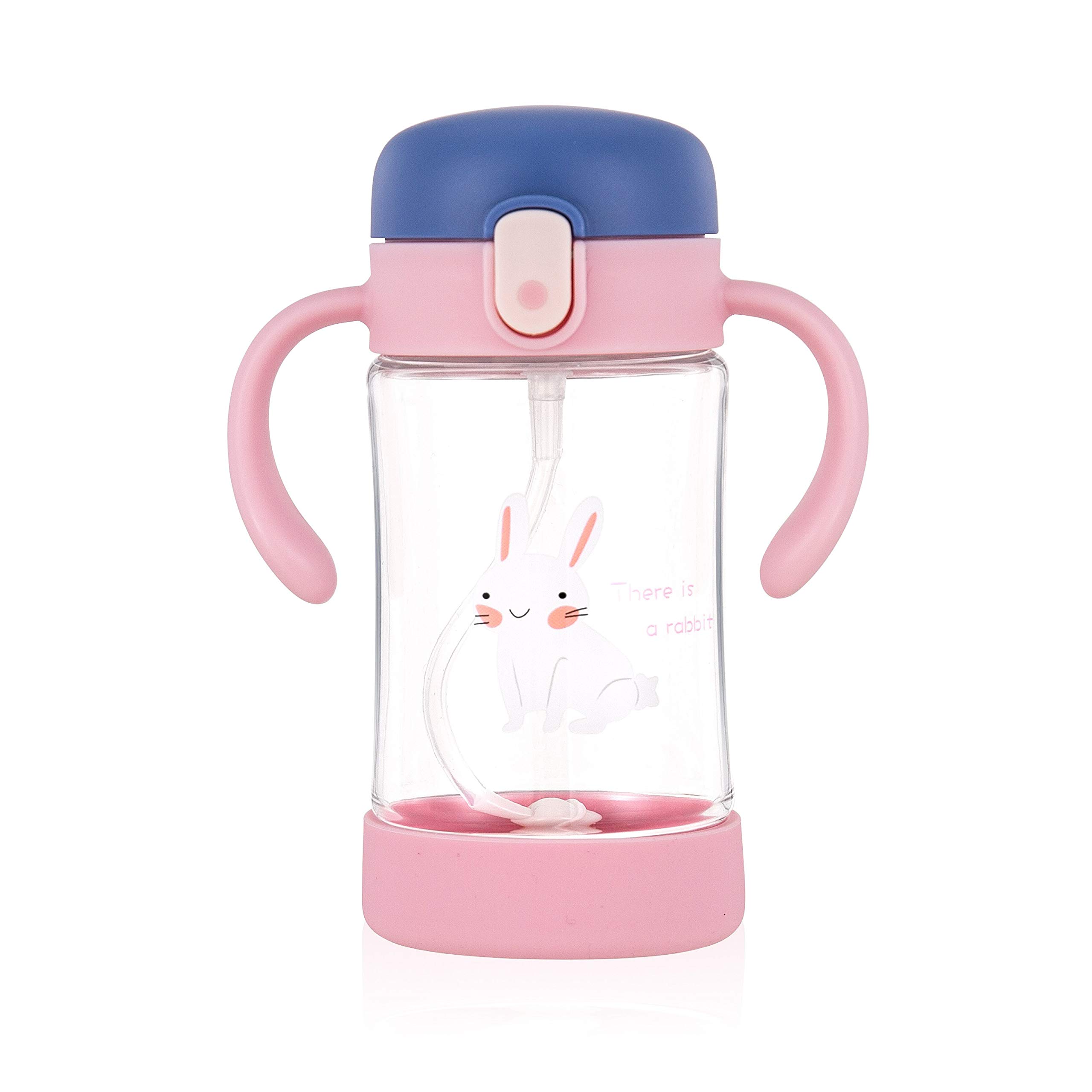 ÜneeQbaby Active Plus Kiddy Cup with 360 Degree Weighted Flexi Straw, Spill Proof, Tritan - BPA Free, Soft Spout, One Button Open Sippy Cup 300ml - Elsie Pink Rabbit