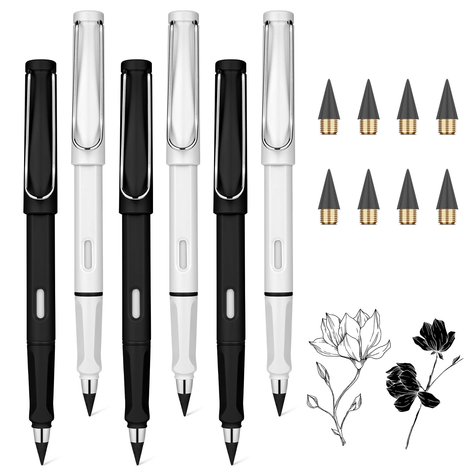 Ainiv 6 PCS Inkless Magic Pencil Everlasting Pencils with Replaceable Nib, Infinity Reusable Pencil for Writing Drawing with Extra 8 Replaceable Nibs, Home Office School Supplies