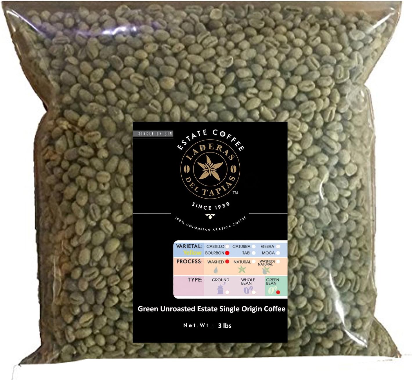 Unroasted Green Coffee Beans, Colombian 3 Lbs Bulk Bags, Yellow Bourbon - Estate Single Origin