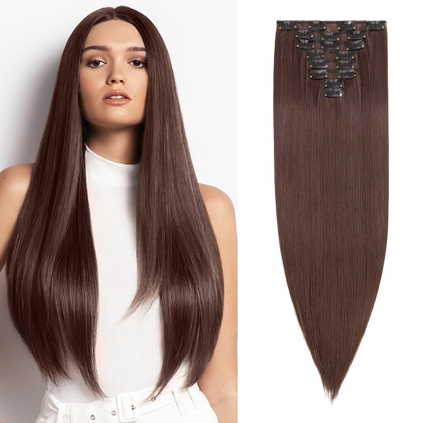26" Long Straight Clip in Hair Extensions Full Head 8Pcs 18Clips Ombre Colorful Synthetic Hair Clip in Hairpiece Medium Brown