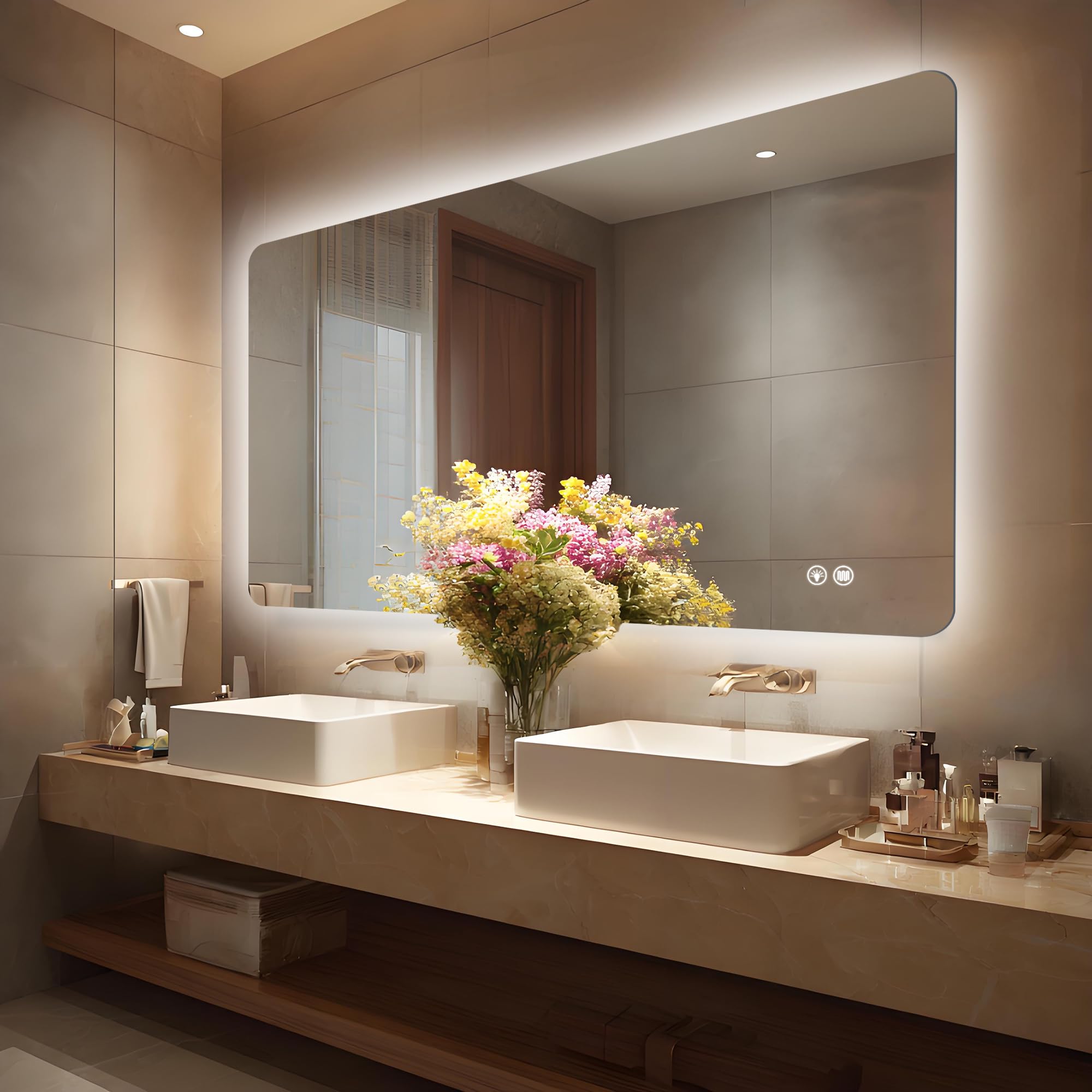 Photo 1 of 60''x36'' Lighted Mirrors for Bathroom Wall Backlit Rectangular Rounded Corners, LED Bathroom Mirror Frameless with Lights Anti Fog, Dimmable, 3 Colors,Tempered Glass, Shatter-Prooff (Color 2)