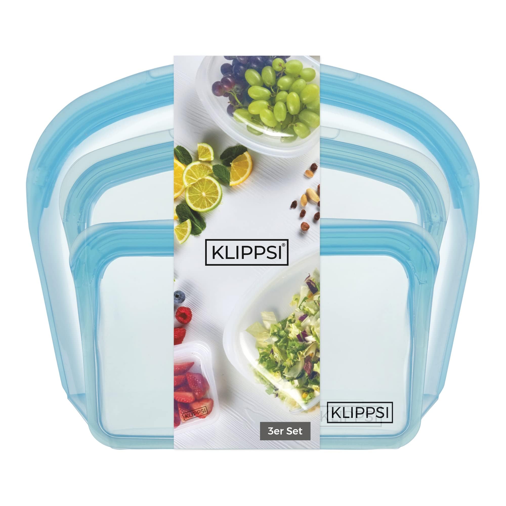 KLIPPSI Reusable Silicone Bags, Set of 3, Blue, Zipper Closure, 100% Platinum Silicone, BPA-Free, Airtight, Leak-Proof, Dishwasher Safe, Freezer to Oven Safe