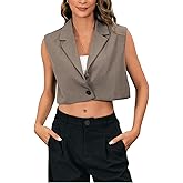 MakeMeChic Women's Old Money Crop Suit Vest Sleeveless Tops Lapel Button Front Waistcoat Vests