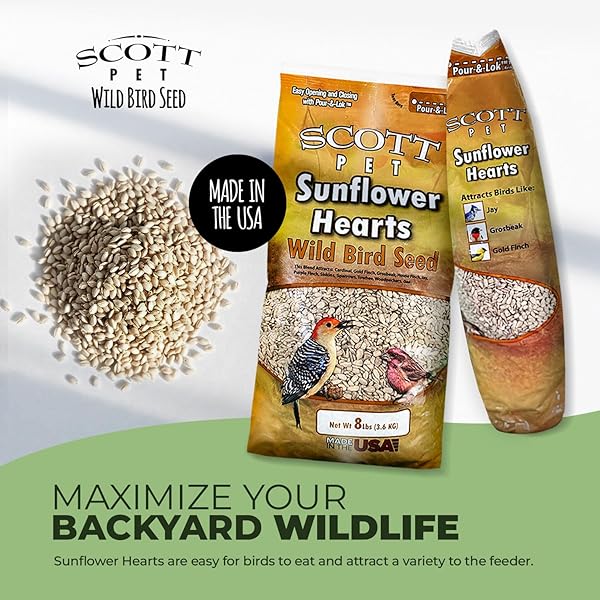 SCOTT PET WILD BIRD SEED, SUNFLOWER HEARTS, 8 LBS BAG, FOR ALL FEEDER TYPES, GREAT SOURCE OF PROTEIN, FOOD FOR OUTSIDE WILD BIRDS