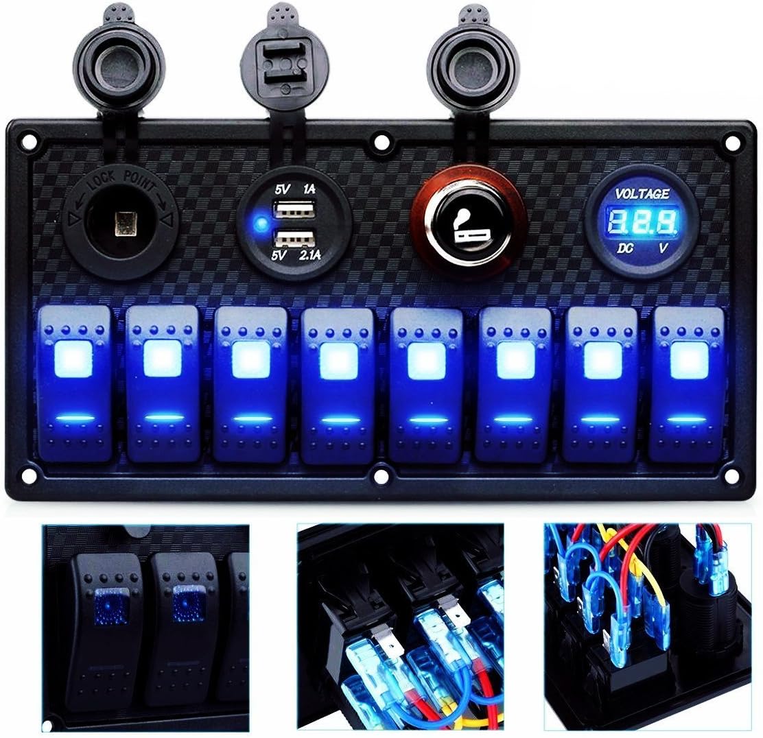 MKING 5 Pin 3 Gang / 4 Gang / 6 Gang / 8 Gang Car Marine Boat Circuit RV LED Toggle Rocker Switch Panel Breaker Voltmeter with Fuse Double USB for RV Car Boat Blue/Red/Green Light