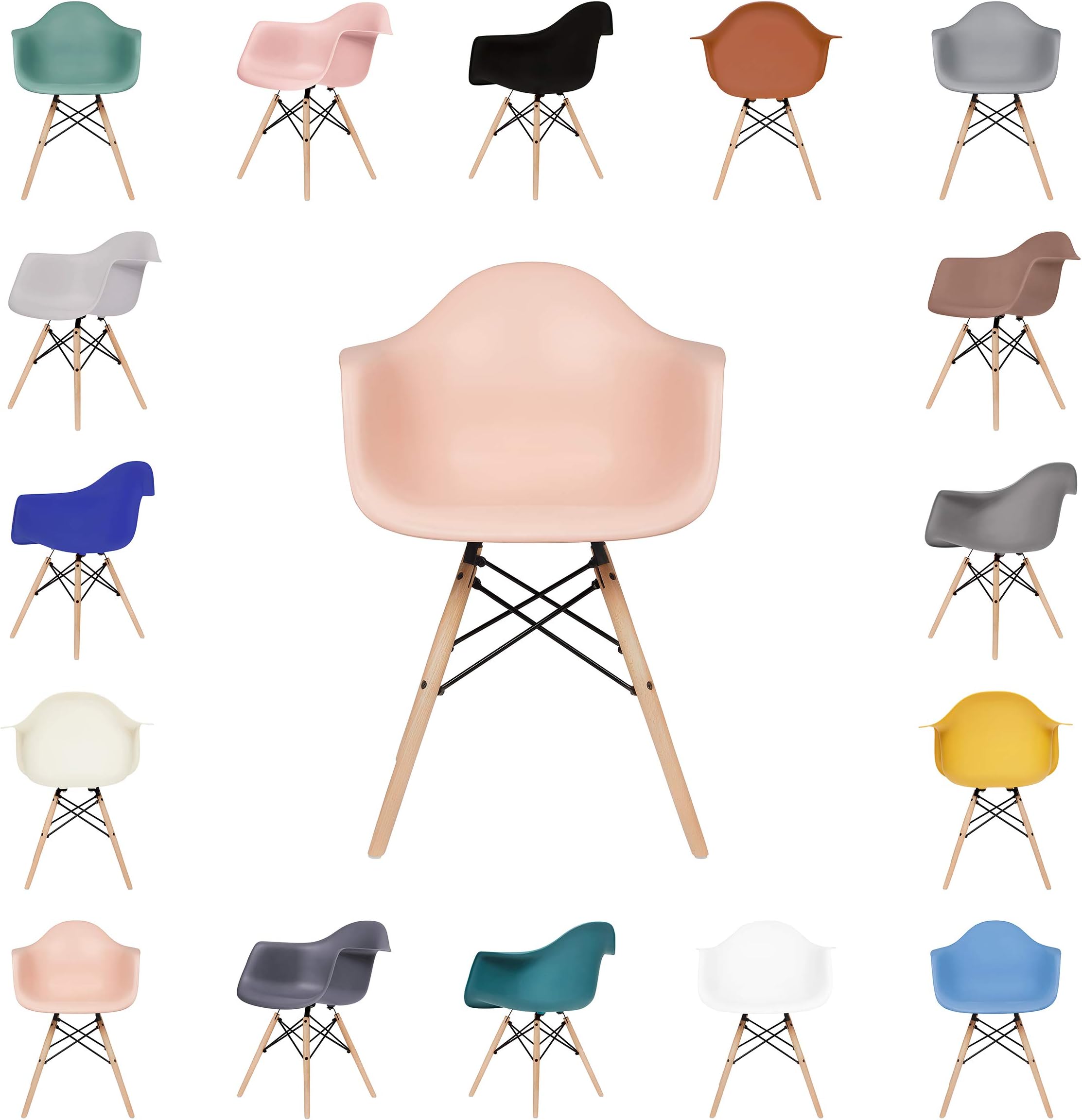 OCHS Plastic Dining Side Armchair - Wood Retro Legs for Office Lounge Dining Kitchen Bedroom Tub Chair (Pastel Pink Seat & Natural Legs x 1)