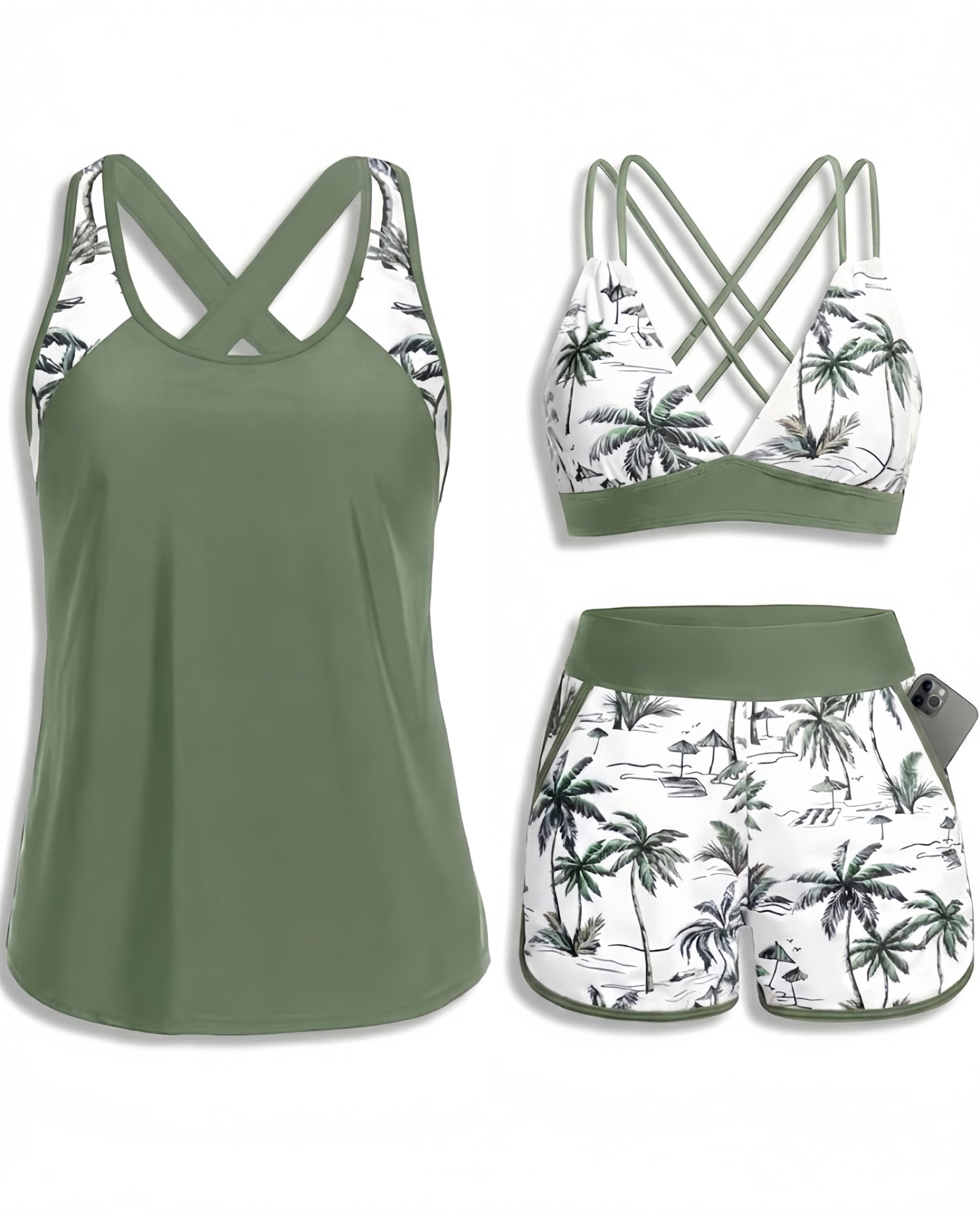 View 1 of *****USED*****Daci Green Palm Tree Women 3 Piece Tankini Swimsuits - Tummy Control Tank Top with Bra Modest Bathing Suit with Pockets Boyshorts Bottom 2026 18W