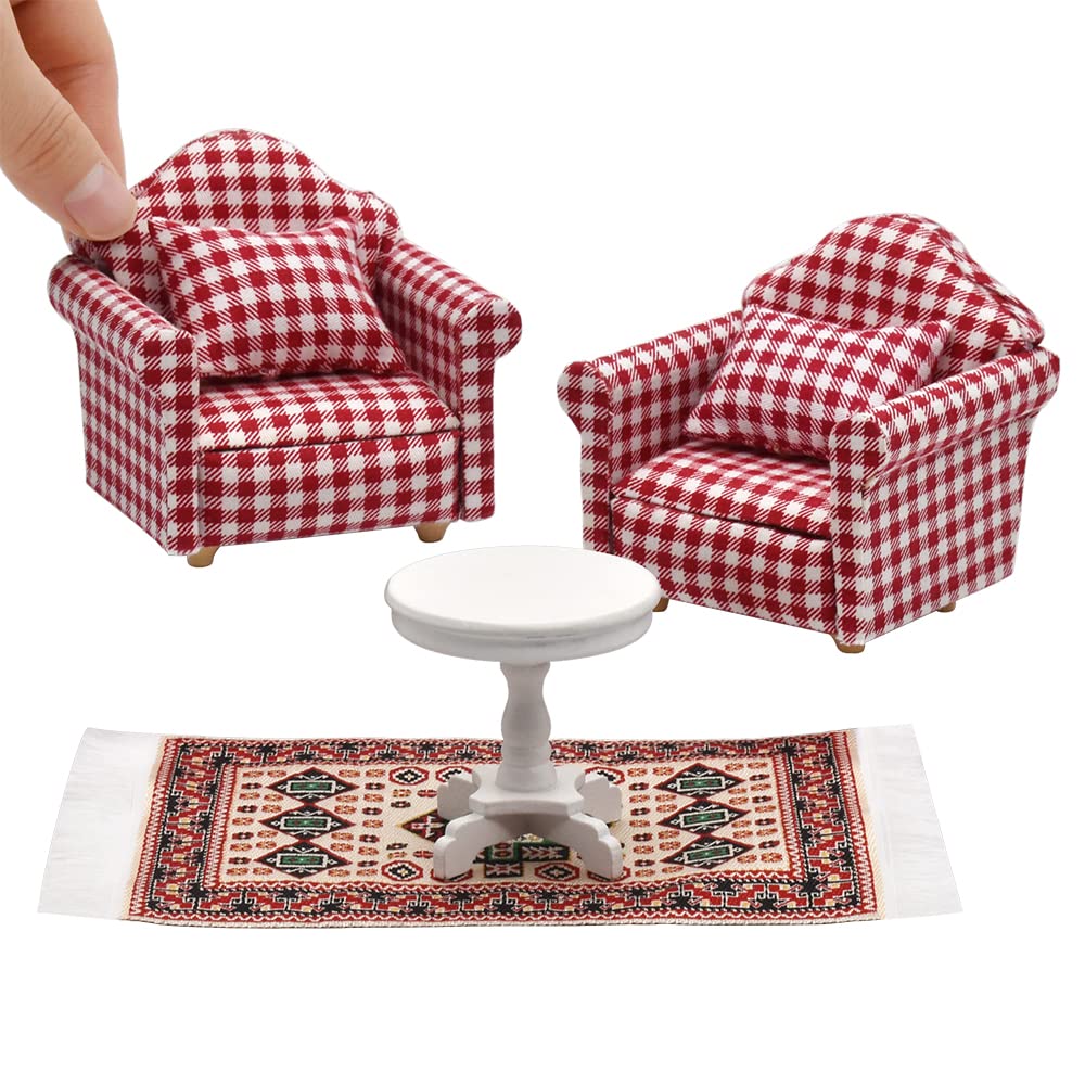 iLAND Cute Kids Toys for Girls 6-8 Lovely Dollhouse Furniture on 1/12 Scale Gingham Doll House Couch Set inc 2 Miniature Sofas 1 End Table 1 Rug Small for Girls
