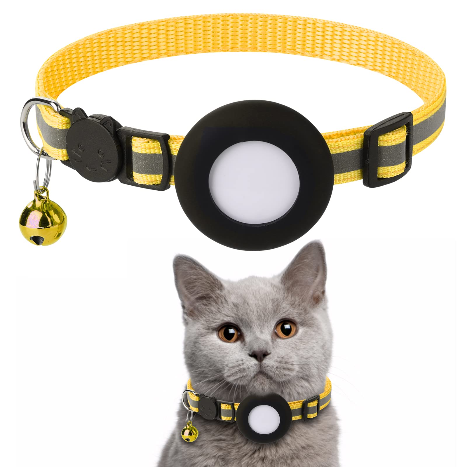 Airtag Cat Collar, Air tag Cat Collar with Bell and Safety Buckle in 3/8" Width, Reflective Collar with Waterproof Airtag Holder Compatible with Apple Airtag for Cat Dog Kitten Puppy (Yellow)