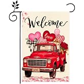 Valentines Day Garden Flag 12x18 Inch Double Sided Outside, Love Hearts Truck Welcome Anniversary Yard Outdoor Flag