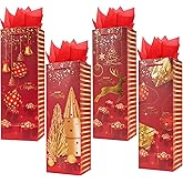 ZJHiome 12 Pack Christmas Bottle Gift Bags with Tissue Paper,13.7" Thick Paper Bottle Bags Bulk for Champagne & Wine Bottles,Reusable Wine Bags for Gift (Red & Gold)