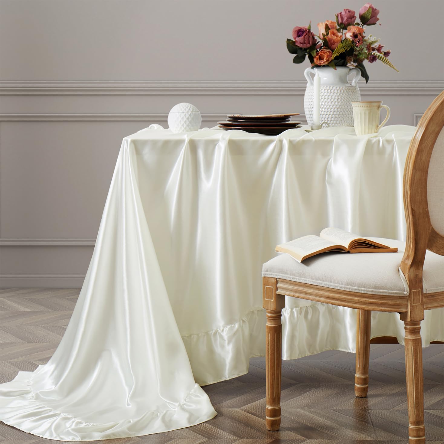 Photo 1 of Vonty Ruffle Tablecloth White Satin Tablecloth - 60" x 120", Silky Table Cloth Rectangle Scalloped Table Cloth Farmhouse Tables Cover Silk Tablecloths Vintage Tables Skirt for Kitchen Dining