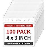 Turxayox 100 Pack Horizontal Clear ID Badge Holder, 4x3 Inch Plastic Name Tag Badge Holders, Card Protector Cover, Quick Load and Remove No Zipper Sleeve for Lanyard