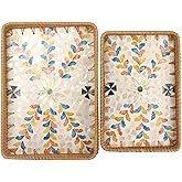 Rectangle Rattan Serving Tray with Mother of Pearl Inlay, Handmade Wicker Coffee Table Basket for Fruit Bread Food Tea Party Picnic Table Kitchen Home Boho Decor 2 Sizes (Moroccan Blossoms)