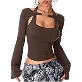 SOLY HUX Women's Long Sleeve Shirts Y2k Crop Tops Halter Neck Fitted T-Shirt Going Out Tees
