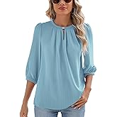 Rapbin Keyhole V Neck Puff 3/4 Length Sleeve Womens Tops Dressy Casual Chiffon Work Blouses Pleated T-Shirts Loose Fit S-XXL