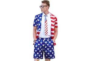 Mainfini Men's 3 Pcs American Flag Suit 4th of July Blazer with Shorts Tie (S-XXL)