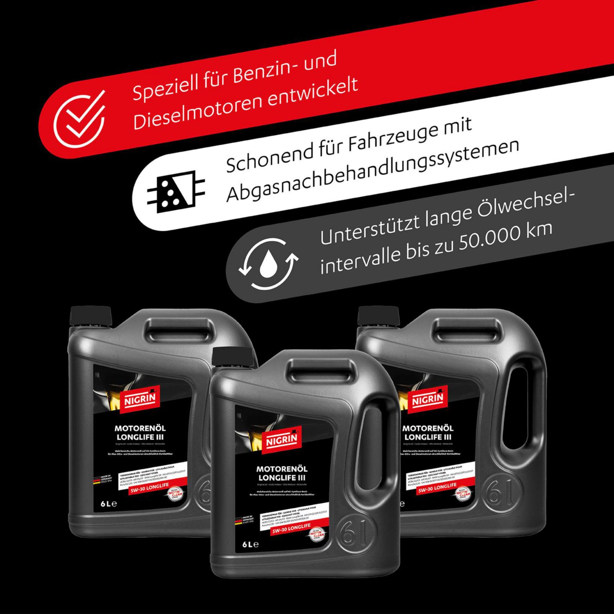 NIGRIN Motorenöl 5W-30 LongLife III | 6 Liter | für Pkw- Otto- und Dieselmotoren einschließlich Partikelfilter, Mehrbereichsmotoröl auf HC-Synthese Basis, VW 504 00/507 00/503 00/506 00 5