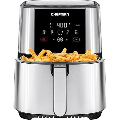 Chefman TurboFry Touch Air Fryer, Large 5-Quart Family Size, One Touch Digital Control Presets, French Fries, Chicken, Meat, Fish, Nonstick Dishwasher-Safe Parts, Automatic Shutoff, Stainless Steel