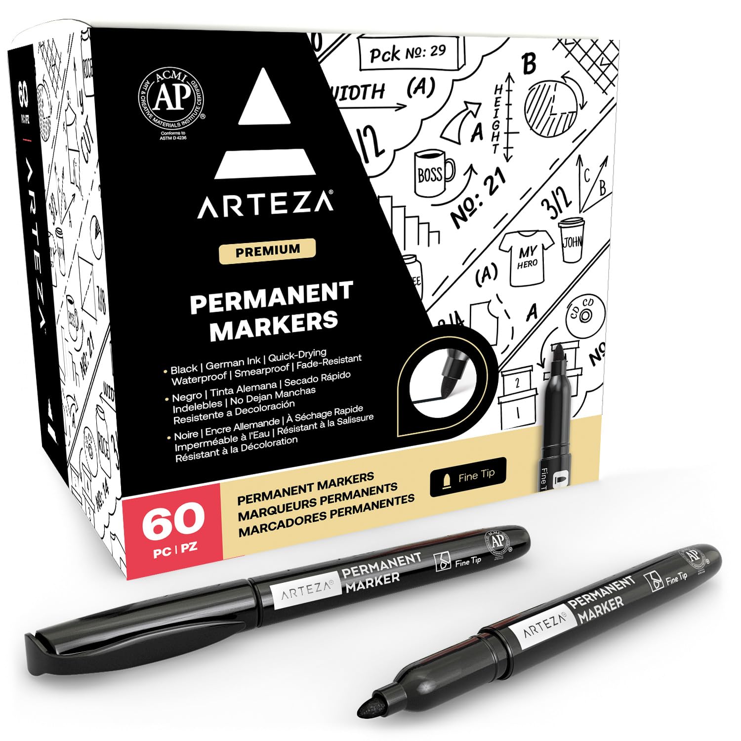 Photo 1 of ARTEZA Permanent Markers Black, Bulk Set of 60, Fine Tip, Waterproof