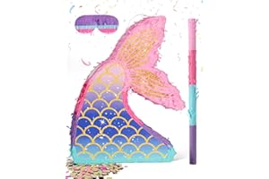 LAKINGO Mermaid Pinatas for Girl, Under the Sea Piñata de Sirena with Wood Stick & Blindfold, Ocean Theme Mermaid Fin and Tail Pinata for Birthday Party Decorations（16"*12"*3"）