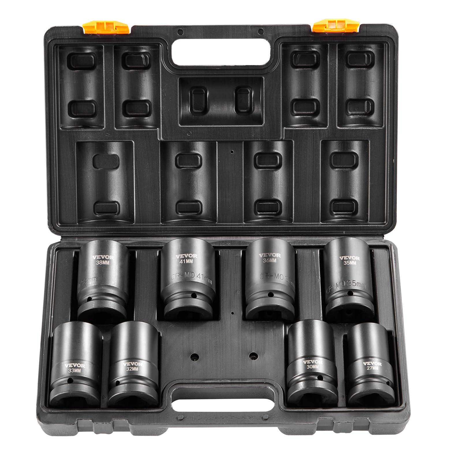 VEVOR 1" Drive Impact Socket Set, 8 Piece Deep Socket Set Metric 27-41mm, 6 Point Cr-Mo Alloy Steel for Auto Repair, Easy-to-Read Size Markings, Rugged Construction, Includes Storage Case