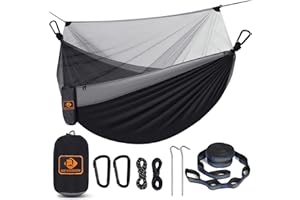 Qevooon Camping Hammock with Net,Travel Portable Lightweight Hammocks with Tree Straps and Solid D-Shape Carabiners,Parachute