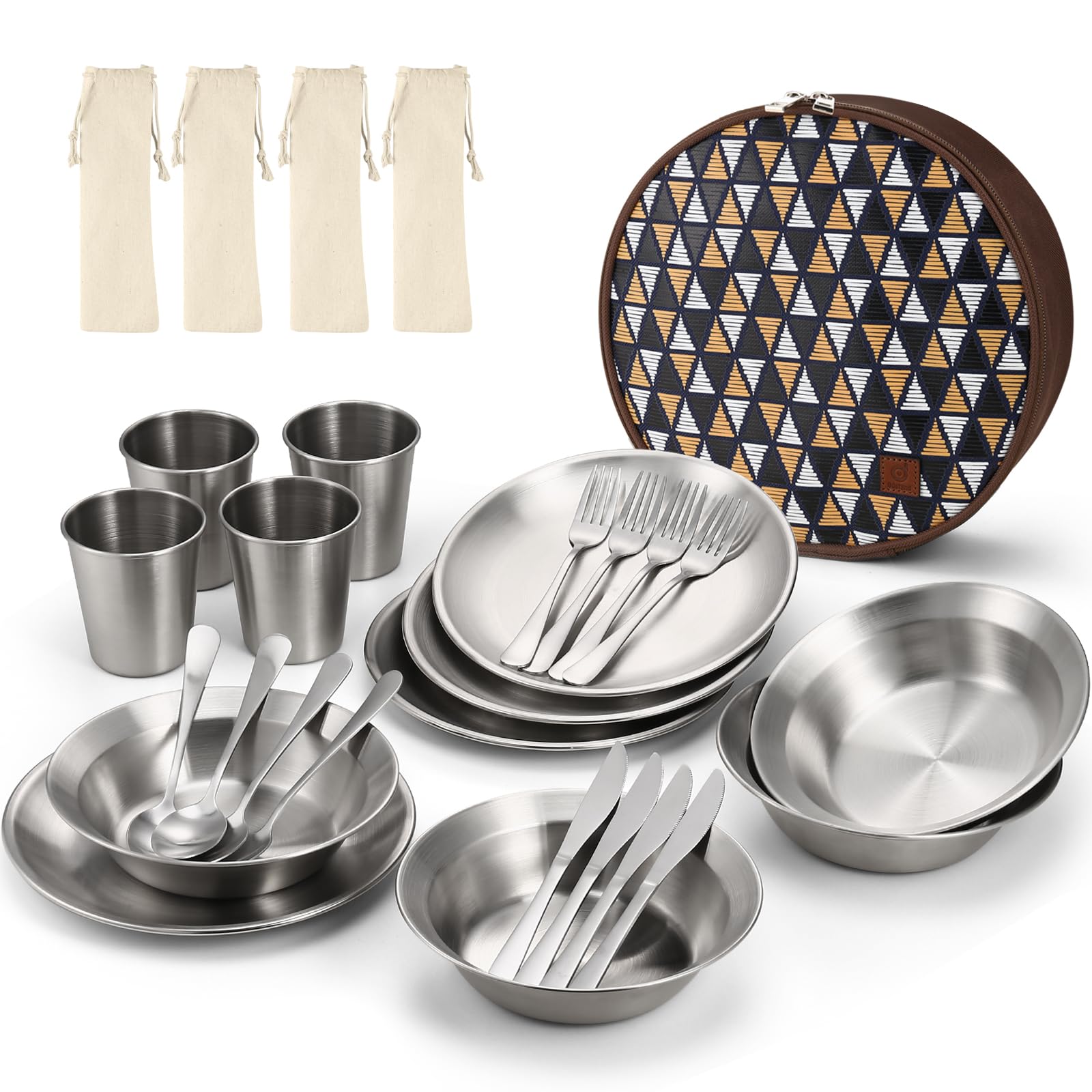 Odoland Camping Cutlery Set with Portable Pouch Case, Stainless Steel Tableware Kit Travel Utensil Set with Bag All-in-1 Flatware Kit for Hiking and Picnic Outdoor and Indoor, 4 People