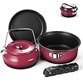 Odoland 5pcs Camping Cookware Non-Stick Camping Pot and Pan Set with Kettle and Removable Handle for Hiking Backpacking and Picnic