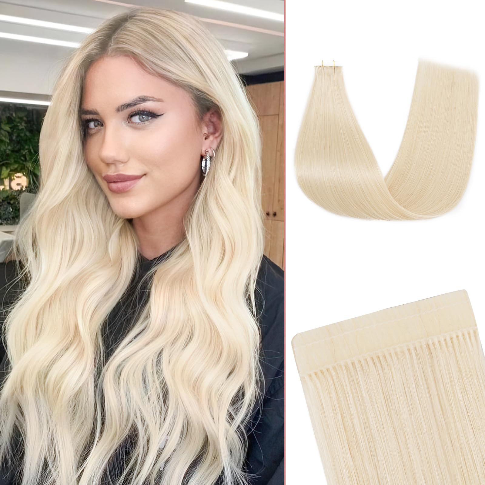 SEGOHAIR Tape in Hair Extensions Human Hair - 20PCS Double Stitched Real Hair 16" Invisible 36g Natural Straight Shiny & Smooth Platinum Blonde