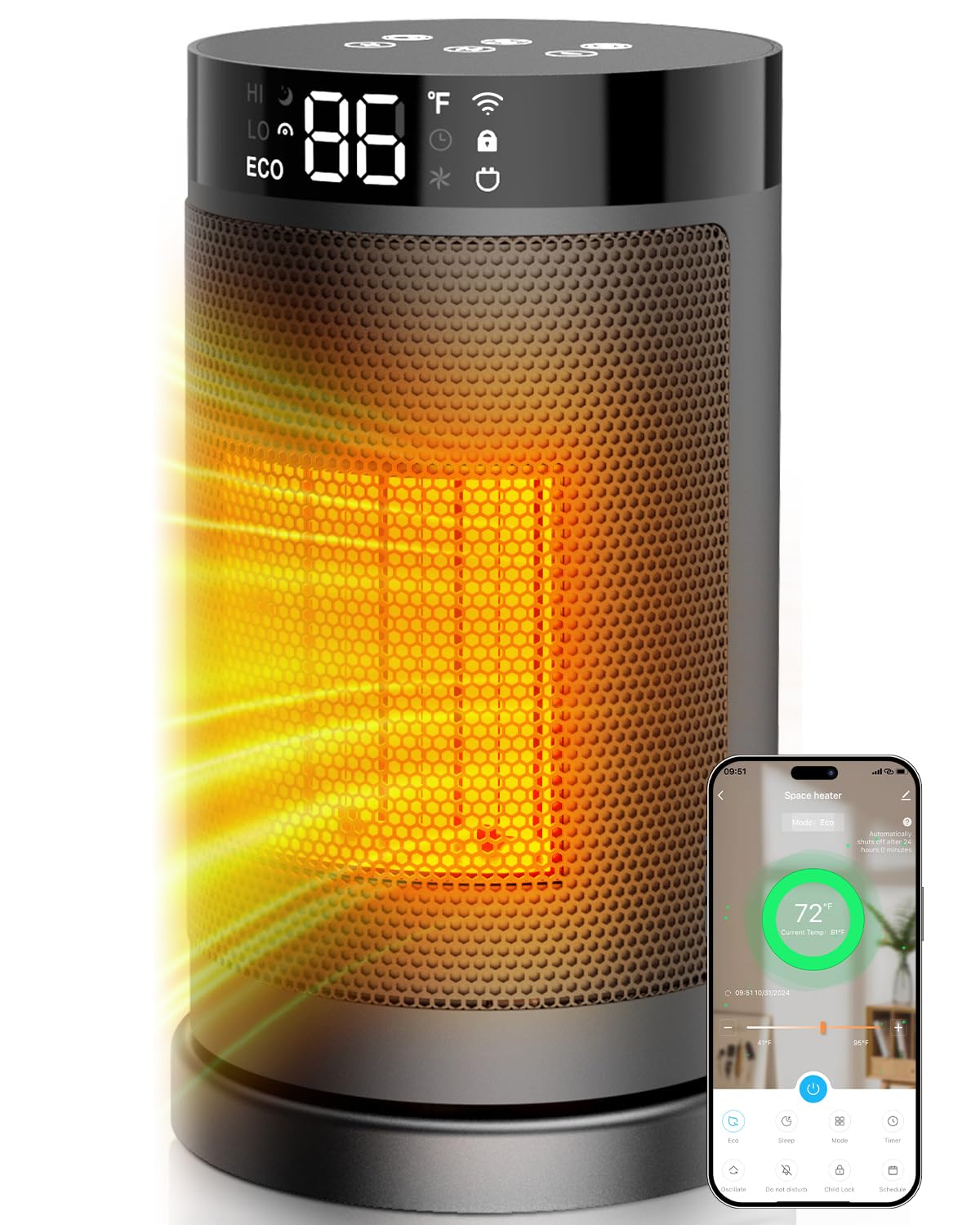 Photo 1 of ***FAULT CODE POPPING UP***Smart Space Heater with WiFi/APP & Alexa Control, 1500W PTC Ceramic Electric Heaters for Indoor Use, 75° Wide-Angle Oscillation, 24H Timer, ECO Mode, Safe Indoor Portable Heater for Home Office***FAULT CODE POPPING UP***