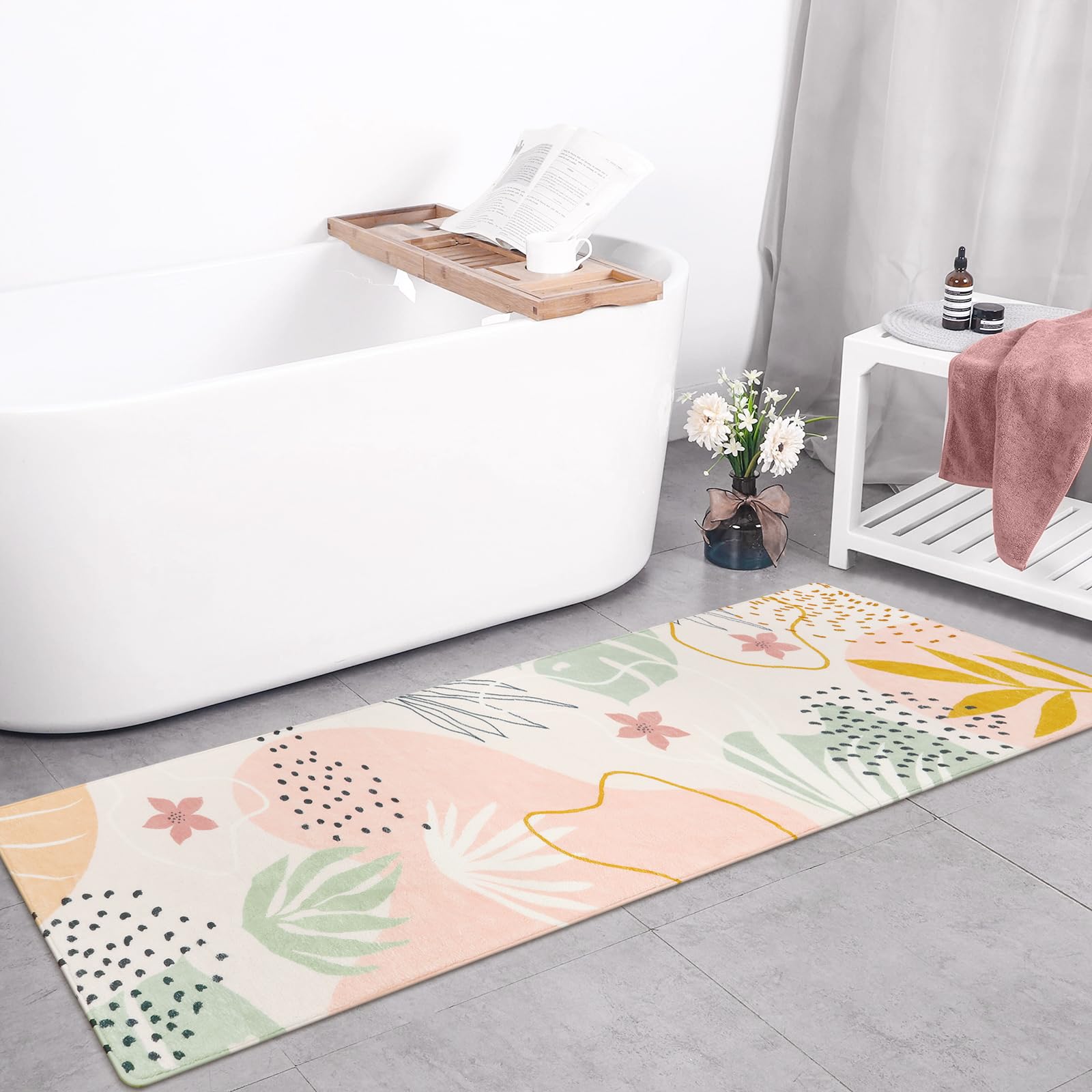 Photo 1 of Lahome Pink Runner Rug - 2x7 Runner Rug Non-Slip Washable Bathroom Rug Runner Throw Lightweight Floor Runners for Hallway Non Skid, Botanical Print Carpet Runner for Kitchen Bedroom Laundry Room