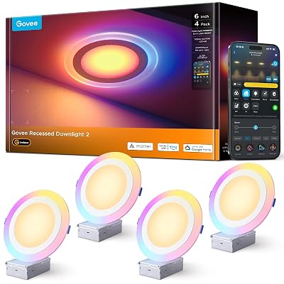 Govee Smart Recessed Lighting 6 Inch, Matter RGBIC LED Recessed Light Work with Alexa, Google Assistant, Dimmable 1100LM Canless Downlight with Junction Box for Living Room, Bedroom, Kitchen 4 Pack