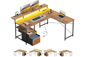 Maihail 63" Gaming Desk with LED Lights, L Shaped Desk with Monitor Stand, Computer Desk with Drawers, PC Desk with Outlets, 