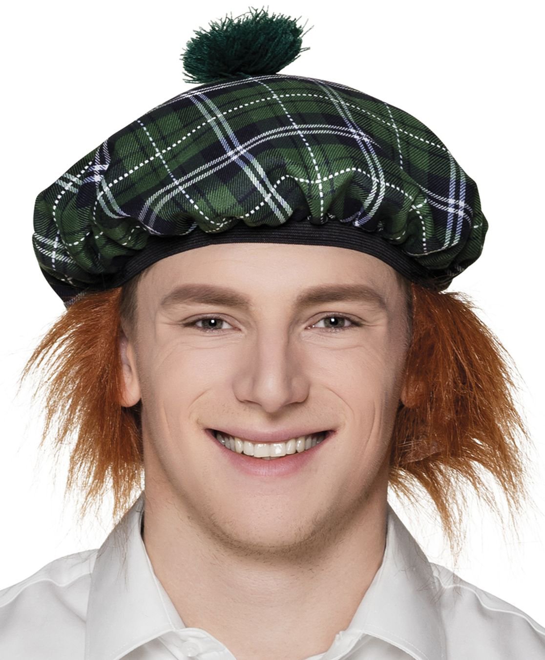 Boland Mr. Tartan Beret - Green Scottish Checked Hat with Hair - Ideal Accessory for Scottish Fancy Dress, Carnival, and Theme Parties