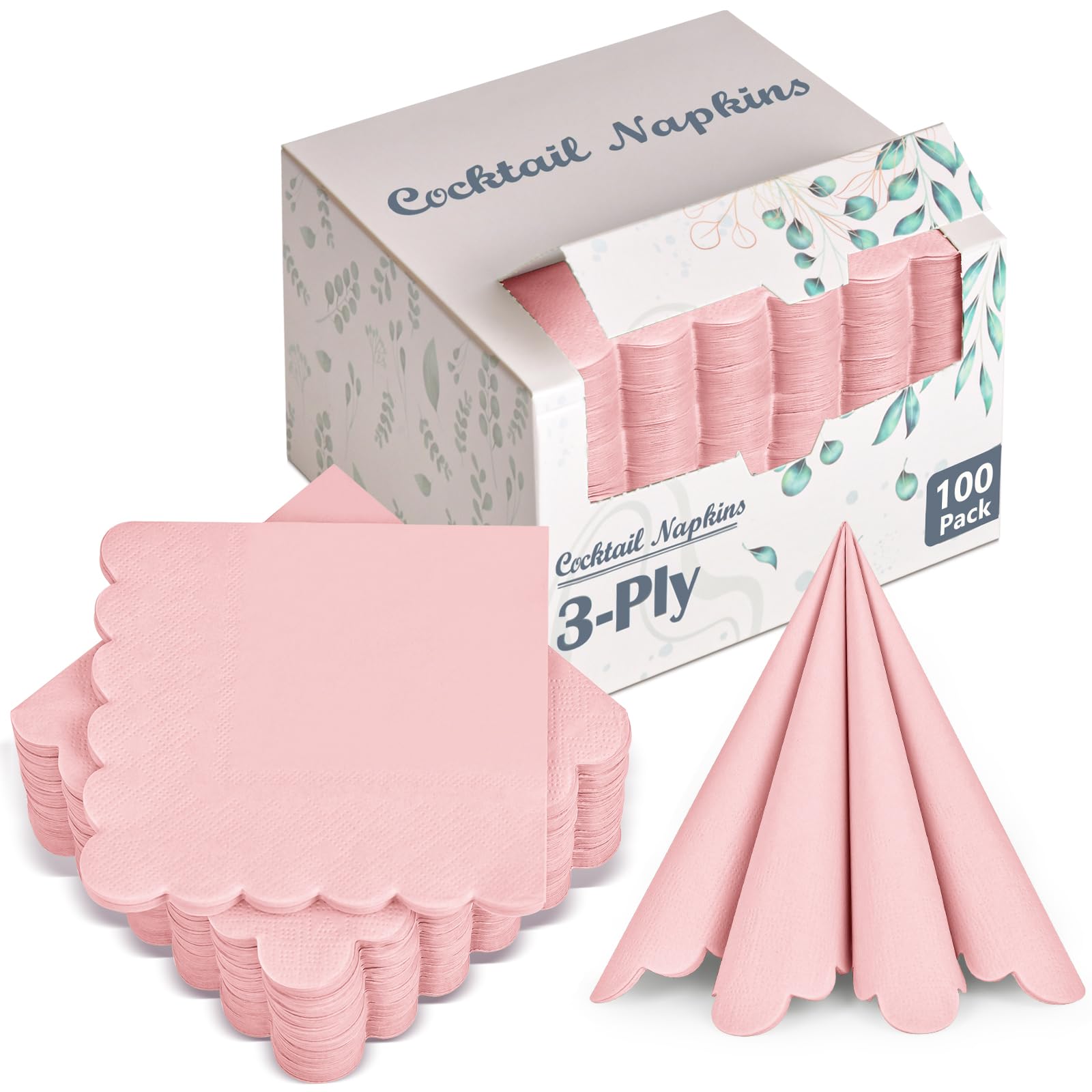 Photo 1 of 100 Pack Cocktail Napkins, 3-Ply Scalloped Edged Wedding Napkins Folded 5 x 5 Inches Dessert Napkins, Disposable Napkins for Dinner Birthday Party Bridal Anniversary Baby Shower Reception (Pink)