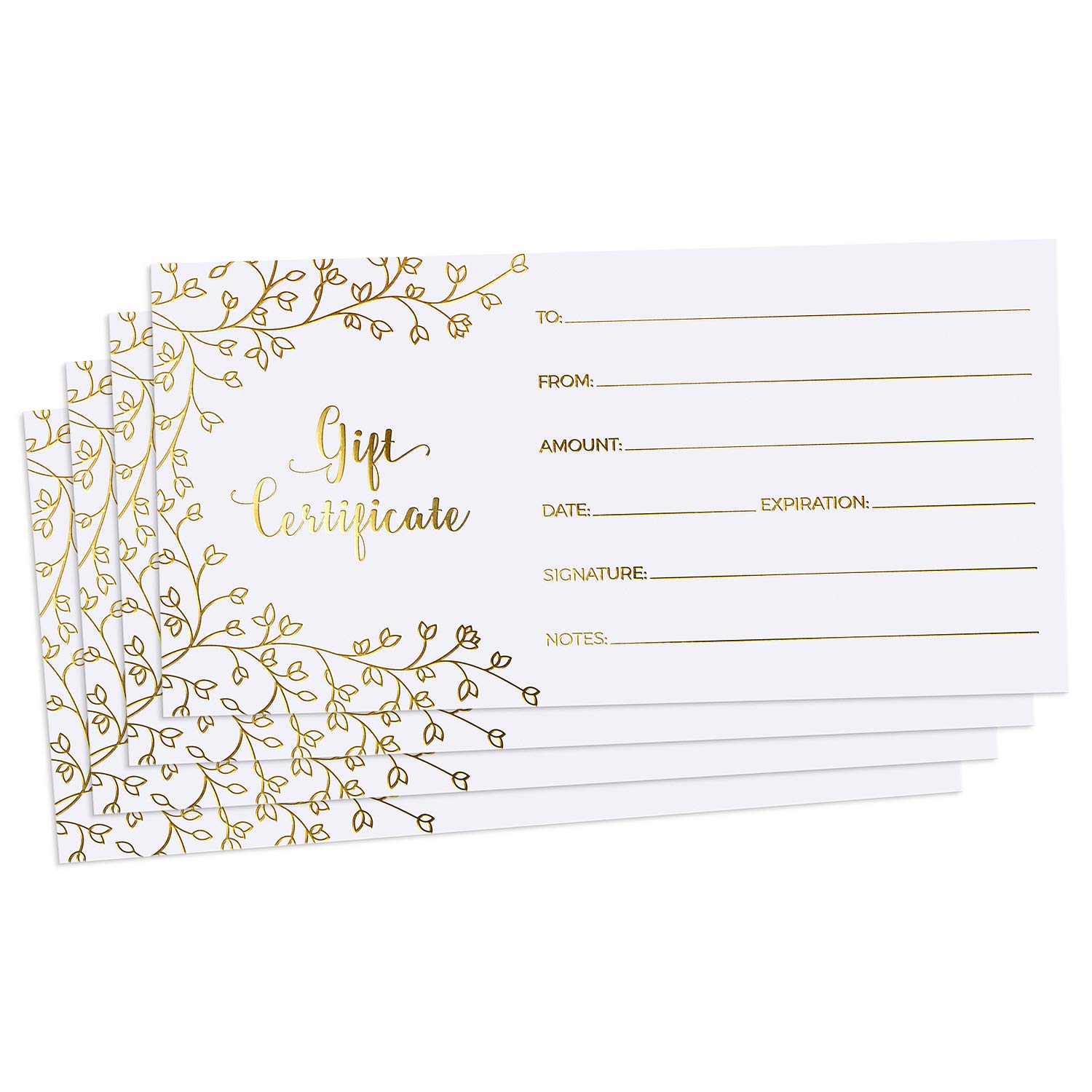Blank Gift Certificates for Business - 25 Gold Foil Gift Certificate Cards with Envelopes for Spa, Salon, Restaurants, Custom Client Vouchers for Birthday, Work Gift Card - 3.75x7.5